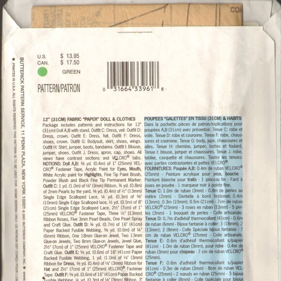 Butterick 3280 Sewing Pattern Fabric Paper Doll & Clothes uncut - Picture 2 of 3